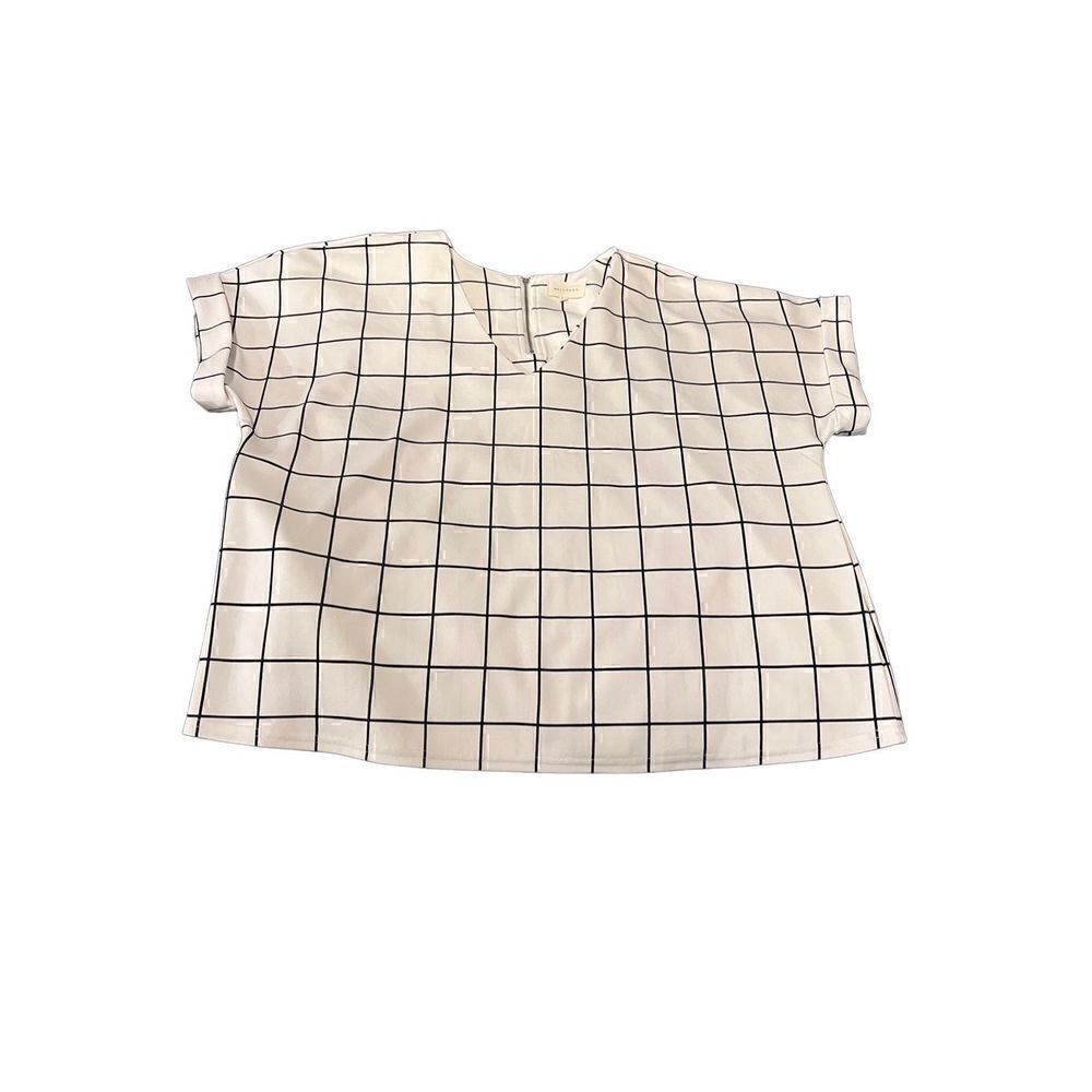 Melloday Nordstrom V-Neck Short Sleeve Windopane Print Top Blouse XL
